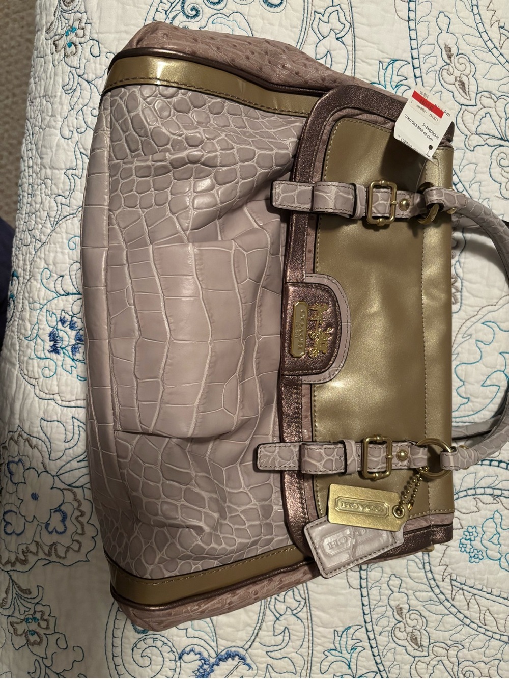 Coach Two-Tone Croc-Embossed Tote in Taupe and Gold